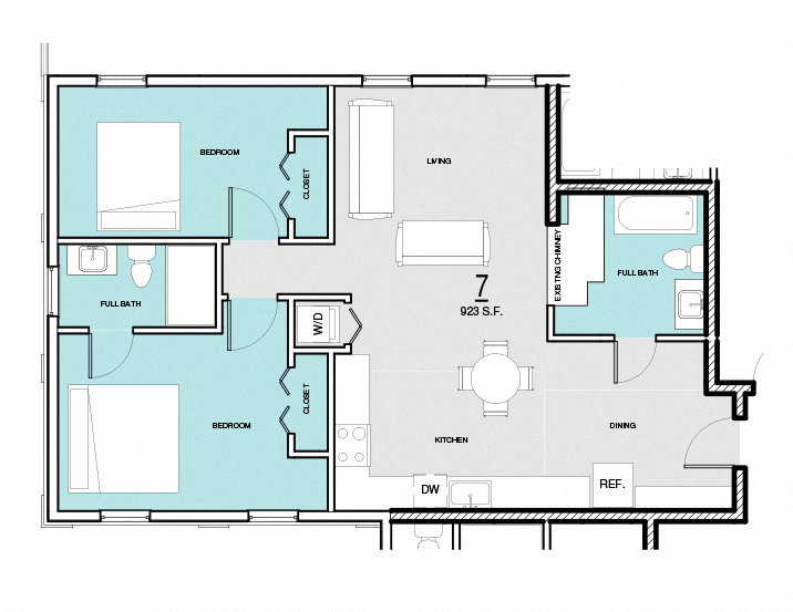 Floor plan for 2 beds, 2 baths, 923 sqft